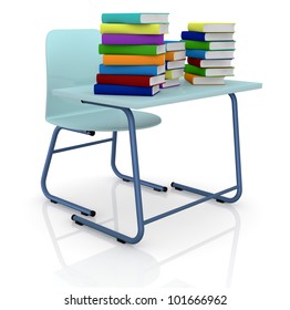 one school desk with stacks of colored books over it (3d render)
