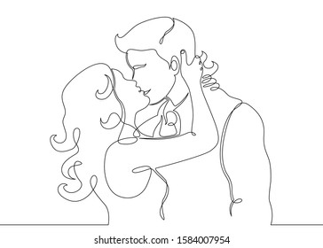 One single continuous isolated doodle silhouette contour hand drawn art flat lineromantic kiss of two lovers, newlyweds, young people.Loving couple embracing and kissing, valentines day,women and man
