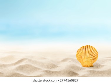 One small orange seashell on a sandy beach with copy space