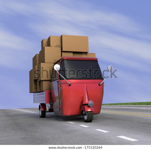 one small truck that carries a lot of carton\
boxes on a sunny road, concept of transportation with a bit of\
humor (3d render)