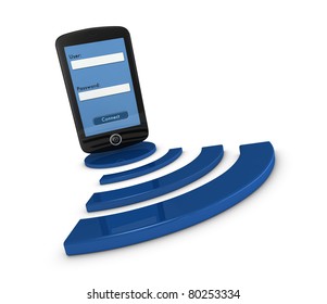 One Smartphone With A Login Screen Over The Symbol Of Wifi Connection (3d Render)