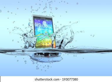one smartphone that falls in the water with splashes around it, concept of waterproof product (3d render)