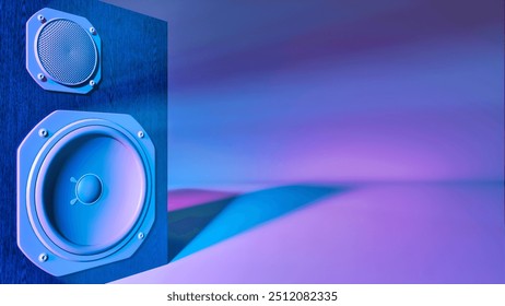 one speaker system on the left with two speakers under ultraviolet light, 3d illustration