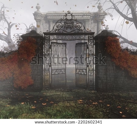 One of the spooky time of year, complete with fog, a mausoleum, twisted dead trees and a rustic iron fence.. 