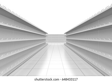 one supermarket corridor with empty shelves on white background (3d render)