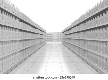 one supermarket corridor with shelves full of products, on white background (3d render)