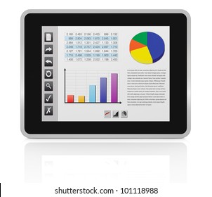 one tablet pc with a buttons interface, that shows a spreadsheet and charts (3d render)