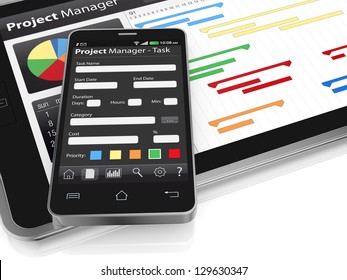 One Tablet Pc And A Cellphone With Project Manager Software And Gantt Chart (3d Render)