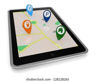 One Tablet Pc With A Gps Map And Some Pointers That Show Important Places (3d Render)