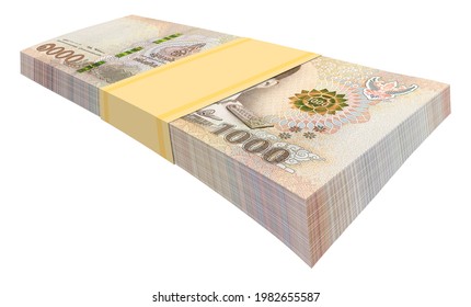 One thousand Thai Baht banknote stack, much banknote of 1000 THB. Isolated on white background. Economic movements of Thailand Idea. 3D illustration.