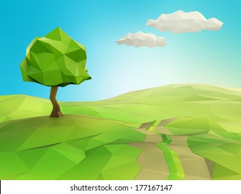 One tree on a grass field illustration