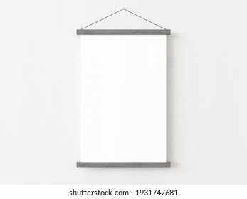 One Vertical Rectangle Roll Up Poster Mockup With Grey Wooden Border Hanging On A White Wall In Empty Room. Isolated Roll Up Poster Mockup Template On White Background. 3D Illustration