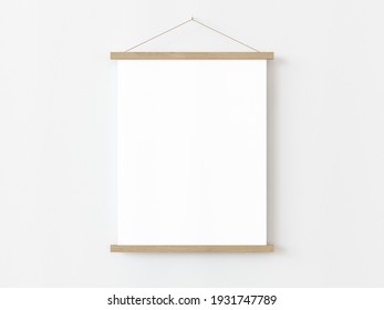 One Vertical Rectangle Roll Up Poster Mockup With Light Wood Border Hanging On A White Wall In Empty Room. Isolated Roll Up Poster Mockup Template On White Background. 3D Illustration