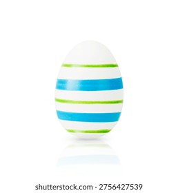 One white Easter egg decorative blue and green stripes isolated on white background with clipping path, design element. Minimalist easter greeting card.
