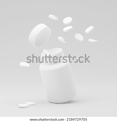 One white supplement bottle with tablets mockup on blue background. Medicine pill jar, 3D. Medical tablet container white blank. Pharmacy capsule can design, aspirin or antibiotic product illustration