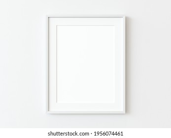 One white thin rectangular vertical frame hanging on a white textured wall mockup, Flat lay, top view, 3D illustration