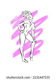 One Woman In Sportswear And Pose Of Retro 80s Aerobics, Illustration On Pink Neon Background Spot