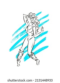 One Woman In Sportswear And Pose Of Retro 80s Aerobics, Illustration On Blue Neon Background Spot