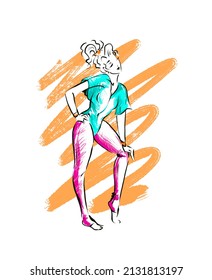 One Woman In Sportswear And Pose Of Retro 80s Aerobics, Fashion Sketch Color Illustration On Neon Background