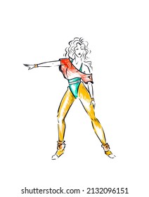 One Woman In Sportswear And Pose Of Retro 80s Aerobics, Fashion Sketch Color Illustration Isolated On White Background