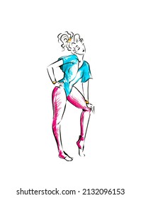 One Woman In Sportswear And Pose Of Retro 80s Aerobics, Fashion Sketch Color Illustration Isolated On White Background