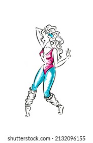 One Woman In Sportswear And Pose Of Retro 80s Aerobics, Fashion Sketch Color Illustration Isolated On White Background