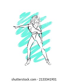 One Woman In Sportswear And Pose Of Retro 80s Aerobics, Illustration On Blue Green Neon Background Spot