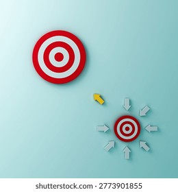 One yellow arrow leave the loop of white arrows group to go to the bright side aiming for bigger red goal target concept isolated on blue green pastel color background business conceptual 3D rendering