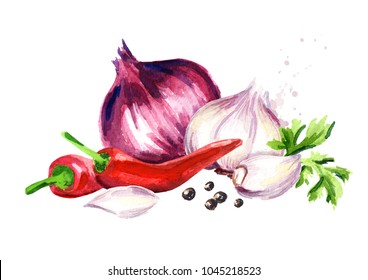 Onion, Garlic, Chili Pepper, Parsley And Peppercorn. Watercolor Hand Drawn Illustration Isolated On White Background