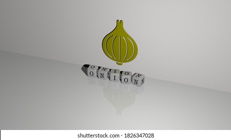 Onion Text Of Cubic Dice Letters On The Floor And 3D Icon On The Wall, 3D Illustration