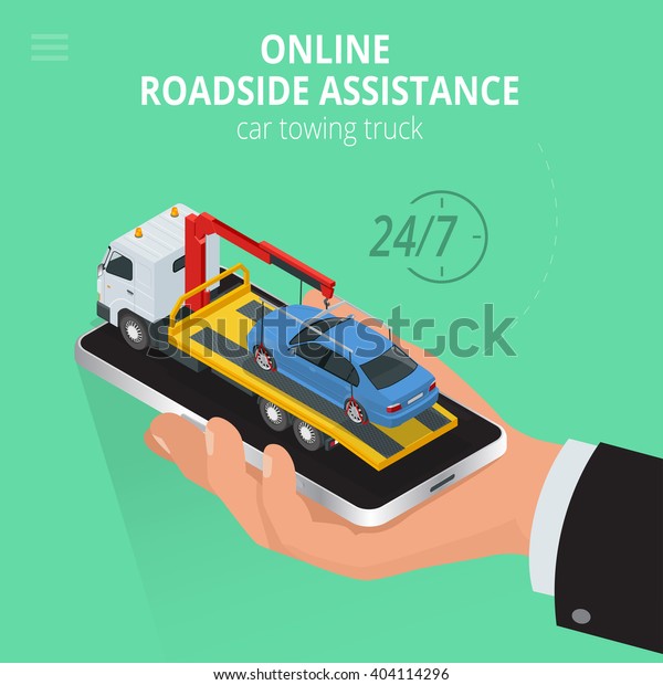 Onlane\
roadside assistance. A man holding a cell phone and calls the help\
desk on the road.\
 Flat 3d isometric\
illustration