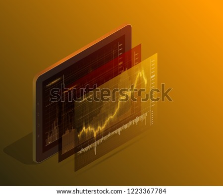 Online 3d isometry statistics data Analytics. Digital money market, investment, finance trading. Perfect web design, banner presentation. Isometric isometry illustration. Forex market trading 3d phone