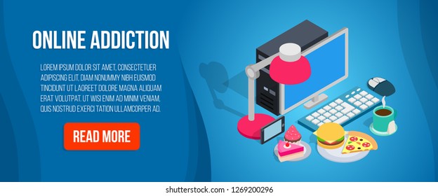 Online Addiction Banner. Isometric Banner Of Online Addiction Concept For Web, Giftcard And Postcard