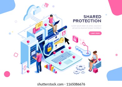 Online administrator, web hosting concept. Technician repair software. Hardware protection share infographic. Store safe server concept. Characters and text images, flat isometric illustration - Powered by Shutterstock