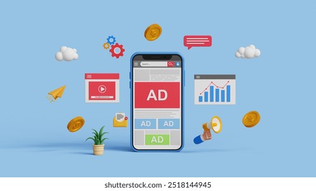 Online advertising on social media. PPC ad campaign. Targeted inbound ad. 3D digital marketing with programmatic social network advertising. Smartphone advertising