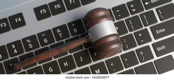 Online Auction Or Cyber Crime Concept. Judge Gavel On Computer Laptop Keyboard, Banner. Overhead View, 3d Illustration