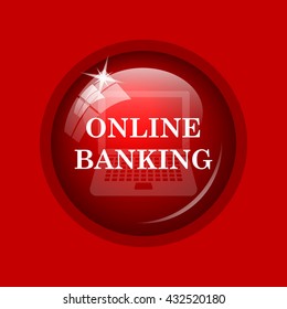 Online banking icon. Internet button on red background.