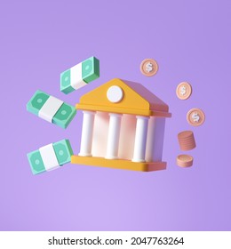 Online banking icon. money-saving, Bank, bundles of money and coins floating around on the purple background