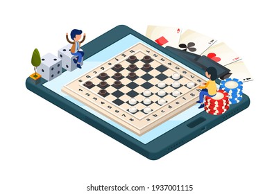 Online board game. Isometric phone with checkers game. gamers characters, dice, cards