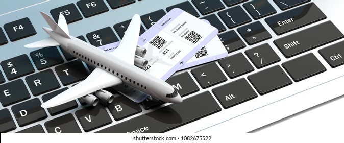 Online Booking And Checkin. Airplane And Two Boarding Passes, On Computer Keyboard. 3d Illustration