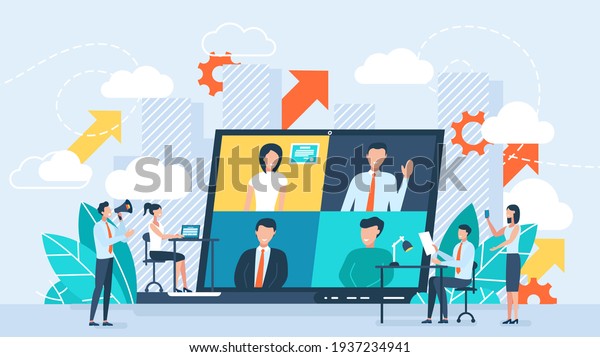 Online business conference,\
creative illustrations, businessmen, online joint meeting, team\
thinking and brainstorming, company information analytics\
illustration