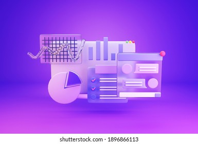 Online business management website concept. planning new strategy and analysis dashboard with checklist tasks, charts, graph and online chats on screen. Purple background. 3d rendering. - Powered by Shutterstock