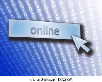Online button with clicking mouse icon, digital background