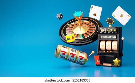 Online Casino. 3D Realistic Roulette Wheel And Slot Machine On Blue Background. 777 Big Win Concept Banner Casino. Gambling Concept Design. 3d Rendering Illustration