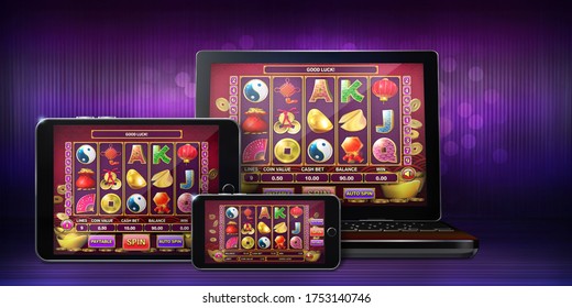 Online Casino Gambling Concept Image Showing An Asian Themed Video Slot Game Layout In Landscape Mode, Adapted To Work On Any Devices. 3D Rendered Illustration On Dark Background 