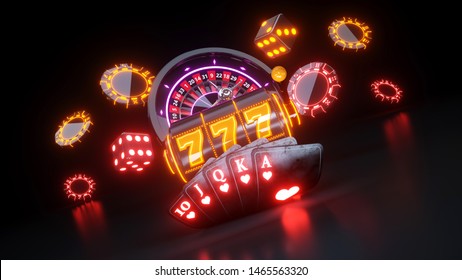 Online Casino Gambling Concept With Neon Lights - 3D Illustration