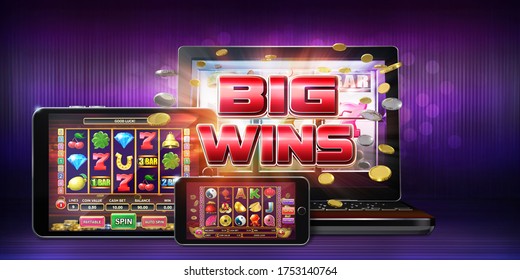 Online casino marketing banner offering for play slot games with chance for players to trigger big wins.  3D illustration with various casino games displayed on the screen of different mobile devices