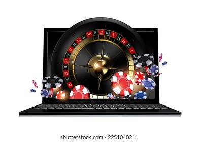 Online Casino Roulette Games Concept with Laptop Computer, Roulette Wheel and Casino Chips. 3D Rendered Illustration.