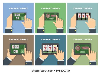 Online casino set. Casino in tablet. Card games. Hands holding devices. - Powered by Shutterstock