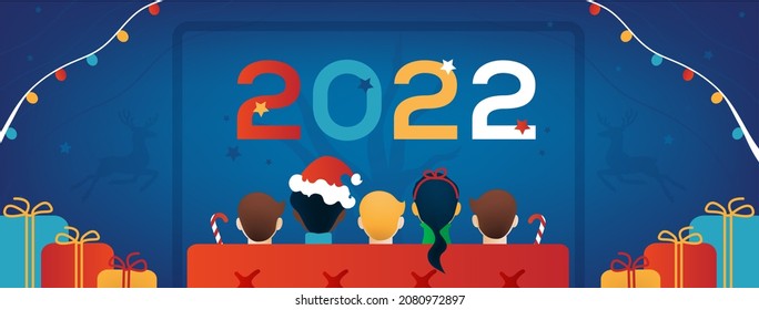 Online Christmas 2022, Movie Night  Kids TV Party Facebook Cover. Children, Gifts, Sofa, Screen On Blue Background.  Illustration, Web Site Flyer, Invitation Template